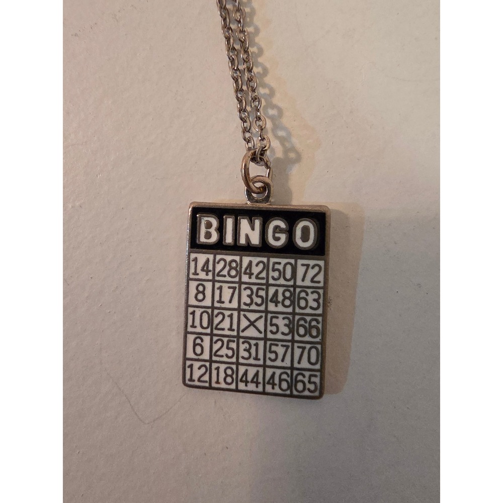 Sterling Silver Bingo Card Pendant Necklace Enamel Game Jewelry 23 Inch Chain - Picture 2 of 8